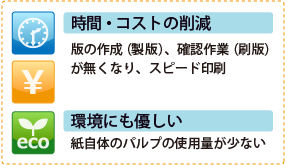 オンデマンド印刷のメリット。時間・コストの軽減　版の作成（製版）、確認作業（刷板）が無くなり、スピード印刷。環境にも優しい　紙自体のパルプの使用量が少ない